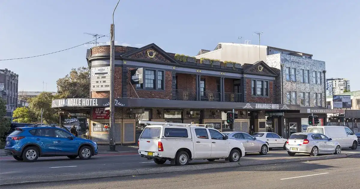 Various vehicles parked outside Annandale Hotel in Parramatta